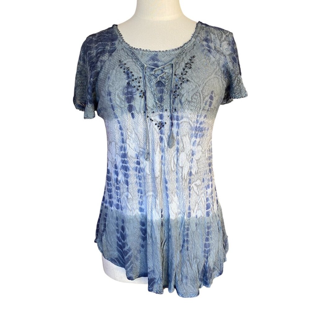 Y2K Tie Dye Embroidered Sequin Asymmetric Hem Lace Up Top Boho Grunge HIppie-OS